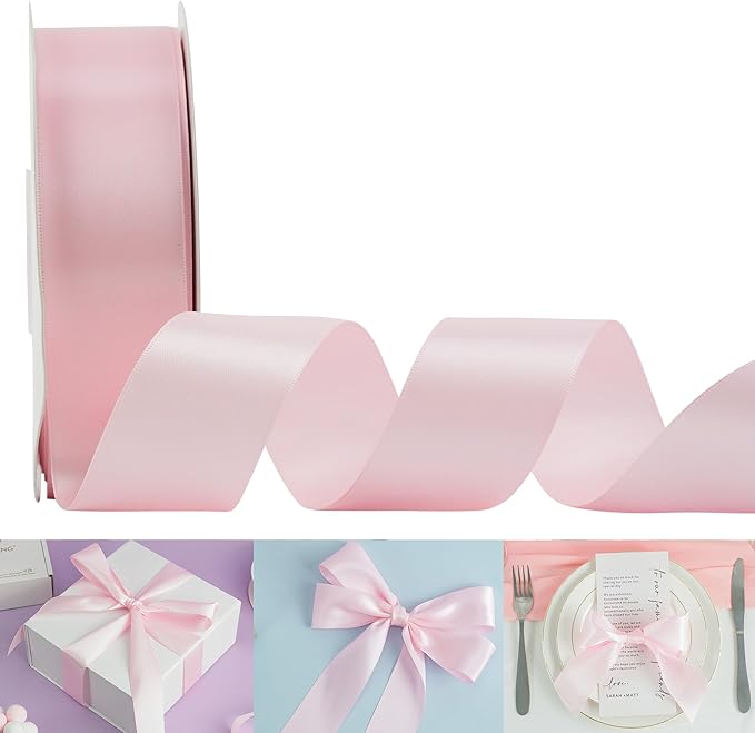 HUIHUANG Baby Pink Ribbon Satin 1-1/2" Wide Double Face Polyester Satin Ribbons for Crafts, Thick Silk Ribbon for Gift Wrapping Hair Bows Floral Bouquet Cake Box Baby Shower Decor Party-50 Yards