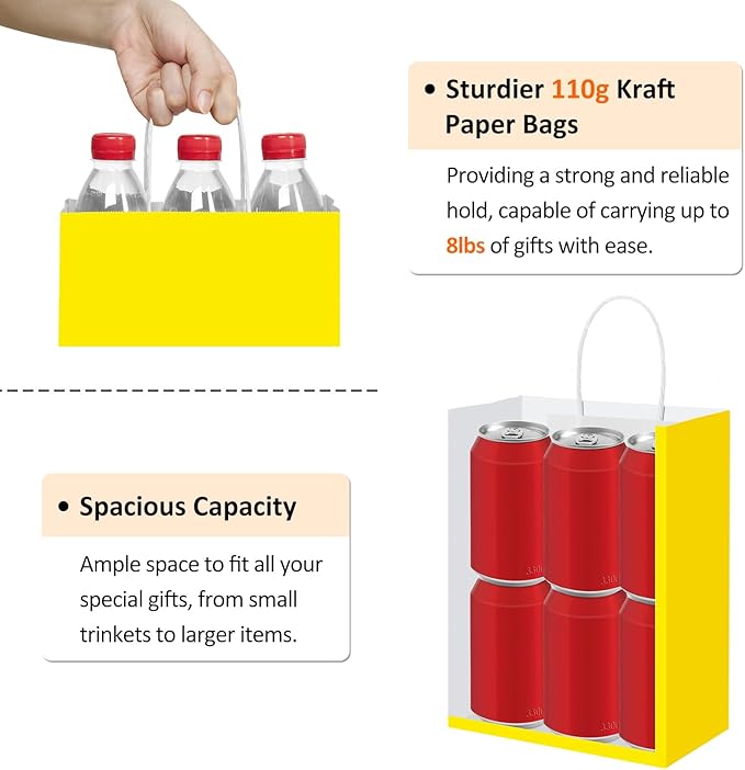 BagDream 8x4.25x10.5 Inch 100Pcs Yellow Gift Bags Medium, Kraft Paper Bags with Handles Bulk for Welcome Party Favors, Baby Shower, Goody, Treat, Retail, Grocery Paper Sacks