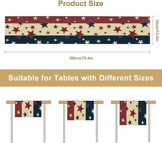 Memorial Day Table Runner, 4th of July American Patriotic Independence Day Stars Stripes Print Table Runne for Summer Holiday USA Home Decoration Party,13x108inch