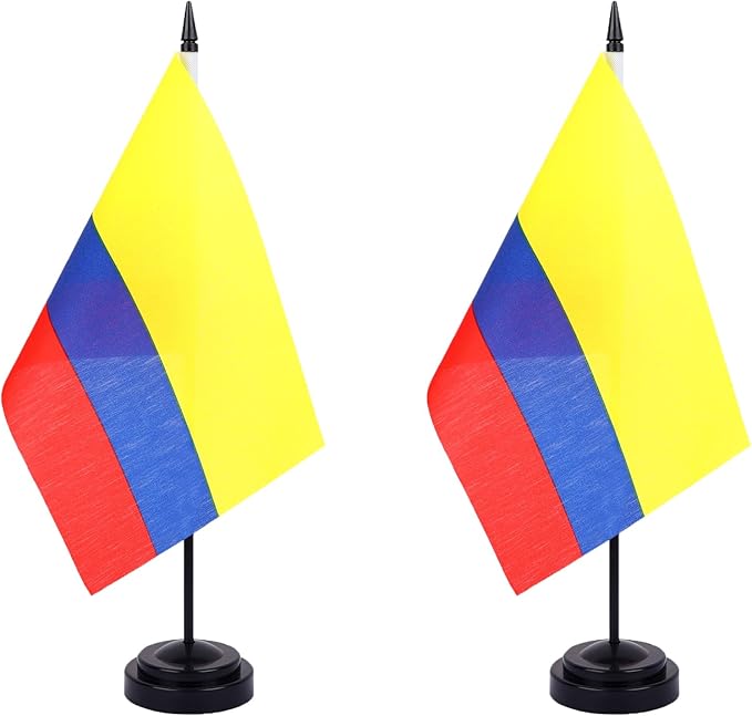 WXTWK 2 Pack Colombian Flag Colombian Deluxe Desk Flag Set - Mini Small Colombiana Table Office Flags with Black 12" Solid Pole Stand Base Classroom Meeting Desktop Decorations
