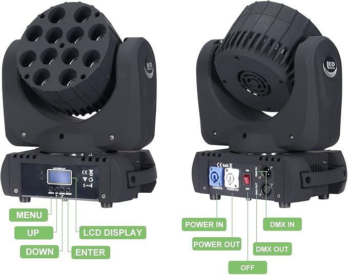 Moving Head Light Beam Wash 12x12W LED Stage Lighting RGBW 4in1 Professional DMX 512 Strobe Effect Sound Activated DJ Lights for DJ Night Clubs Disco KTV Bar Show (2 Pack)