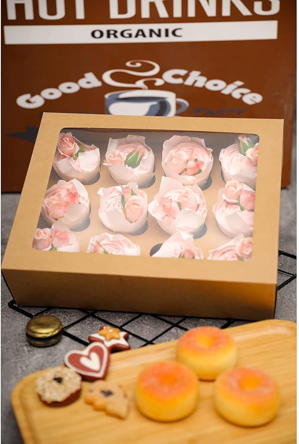 12 Cupcake Containers 20-Packs Brown 12 Count Cupcake Boxes with Window Cupcakes Carrier, 13"x10"x3.5"（Auto-pop up）