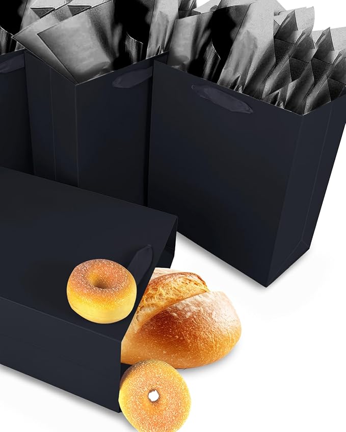 Gcardist Black Gift Bags with Tissue Paper for Wedding, Birthday, Party Supplies - 7.9"x4.3"x9.6" Medium Size Cardboard Gift Bags (16pcs + 32pcs Tissue Paper)