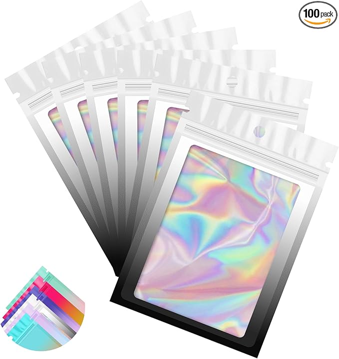 Funfery 100 Pack Gradient Holographic Bags,Resealable Bags with Zipper,Clear Window Packaging Pouchs,Foil Bag for Food Storage,Small Business,Sample Jewelry Bag(5.5×7.9In,White Black)