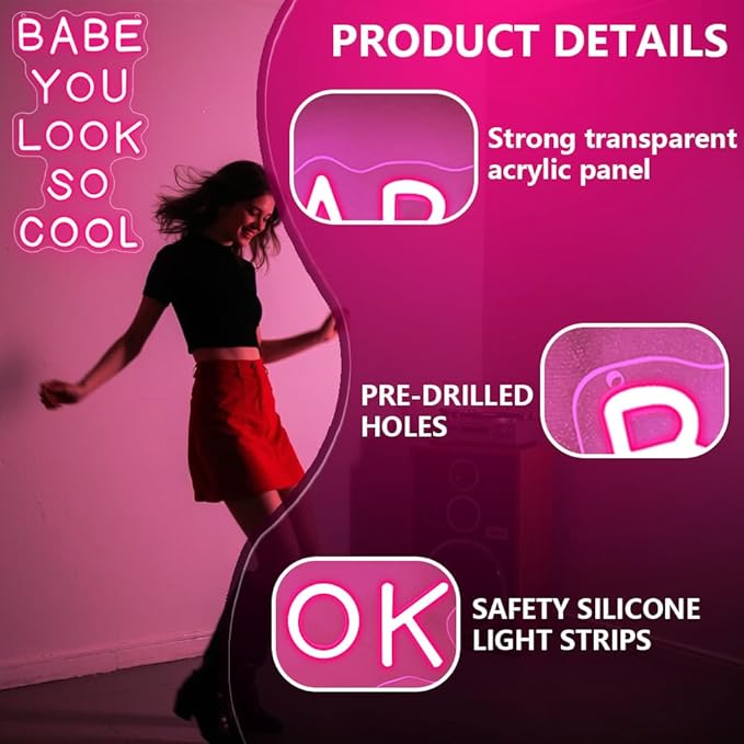Babe You Look So Cool Neon Sign,Pink Dimmable LED Light Signs for Wall Art Decor,Backdrop for Game Room Bar Bedroom Club Party Man Cave,Gift for Boys Teen Men USB Powered（14.2"*8.4"）