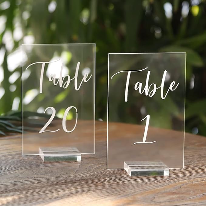 UNIQOOO Acrylic Wedding Table Number 1-20 with Stand | 4x6 inch Printed Calligraphy, Sign and Holder | Perfect for Wedding, Reception, Centerpiece Decoration, Event, Party