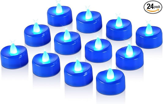 Raycare Blue LED Tea Lights Battery Operated, 200+Hour Flickering Votive Candles,Realistic Fake Flameless Tea Lights for Wedding Party Halloween Thanksgiving Christmas Decorations, 24 Pack
