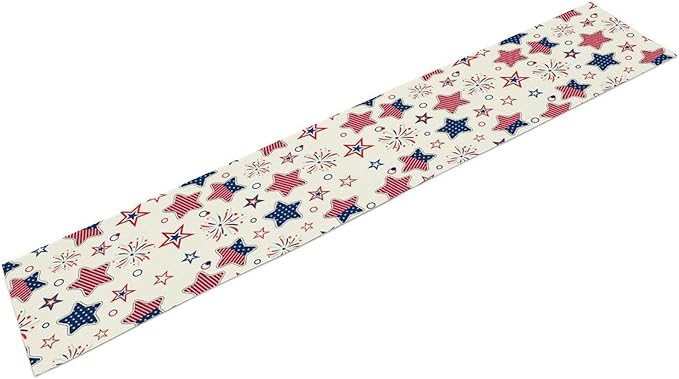 4th of July Table Runner, American Patriotic Independence Day Red Blue White Stars Stripes Fireworks Print Table Runner for Home Party Decor Kitchen Dining Table, 13x70inch
