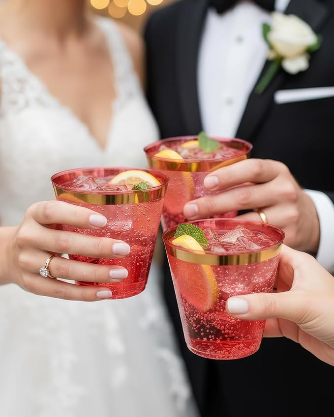 Goodluck 50PCS 9oz Red and Gold Plastic Cups for Party, Disposable Gold Rim Cups, Plastic Cocktail Glasses for Wedding Thanksgiving, Christmas, and Parties