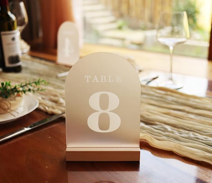 Wedding Table Numbers 31-40, Acrylic Arch Signs with Natural Wood Stands Holders, Rustic Table Decor for Reception & Parties (Frosted White)