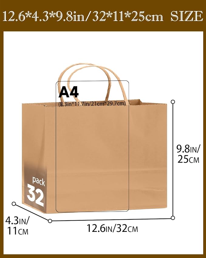 qiqee 30-Packs Brown Gift Bags with Handles Bulk 13"x4.5"x10" Wide Large Size Party Paper Bags