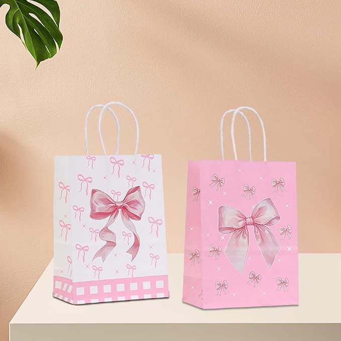 24Pcs Pink Bow Party Favor Bags,Gift Bags with Handles for Bridal Engagement Baby Shower,Barbie themed Goodie Bag Candy Bag for Birthday Bachelor Barbie Party Decoration Wedding