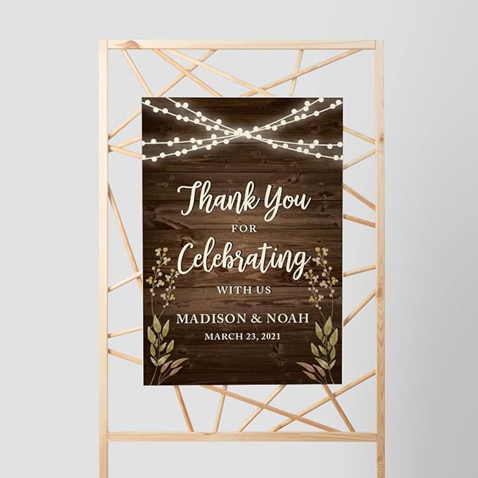 Andaz Press Personalized Extra Large Wedding Easel Party Sign, 12x18-inch, Rustic Wood with Hanging Ball Lights and Florals, Thank You for Celebrating With Us Bride Groom Name Date, 1-Pack, Custom