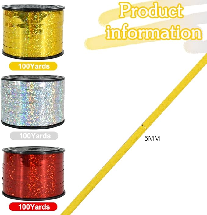 BEISHIDA 3 Pack 100 Yards Gold Silver Red Curling Crimped Glitter Ribbon Balloon String Shiny Metallic Gift Wrapping Ribbon Birthday Party Christmas Art Craft Decoration