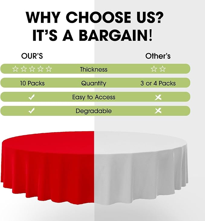Pureegg Plastic Table Cloth Disposable 10 Pack, 84'' Round Table Cloths, Valentines Day, Thanksgiving, Christmas Decorations, Fall Tablecloths, Round, Plastic Cover, Leakproof & Sturdy, Red