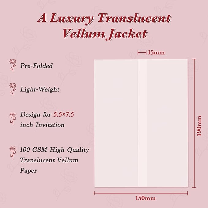 120 Pack Pre-Folded Vellum Jackets for 5.5x7.5 Invitations, Translucent Vellum Paper 5.5x7.5 Jackets, 100GSM Wedding Invitations Wraps, Envelope Liners for Birthdays, Baby Showers