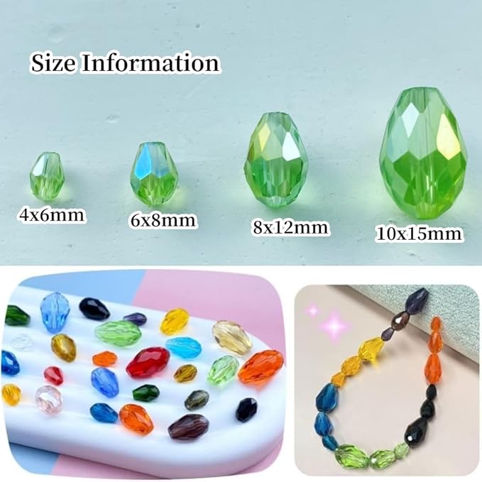 130pcs 6x8mm Teardrop Crystal Glass Beads Vertical Hole Faceted Glass Teardrop Spacer Beads for Bracelets Necklace Earring DIY Jewelry Making Craft(Light Green AB)