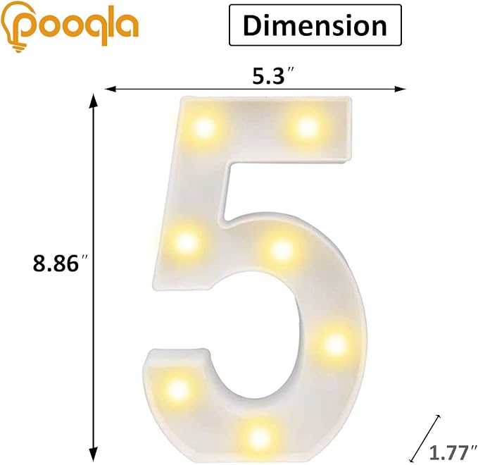 Pooqla Decorative LED Light Up Number Letters, White Plastic Marquee Lights Sign Party Wedding Decor, Battery Operated (5)