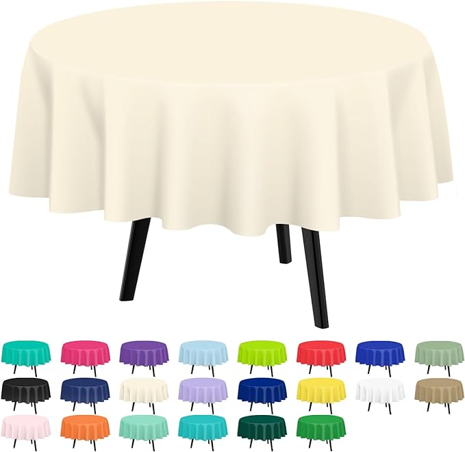 QIKSION Ivory Round Tablecloth 12 Pack, 84 Inch Plastic Table Cover Disposable for Parties