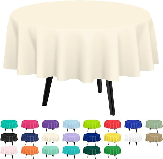 QIKSION Ivory Round Tablecloth 12 Pack, 84 Inch Plastic Table Cover Disposable for Parties