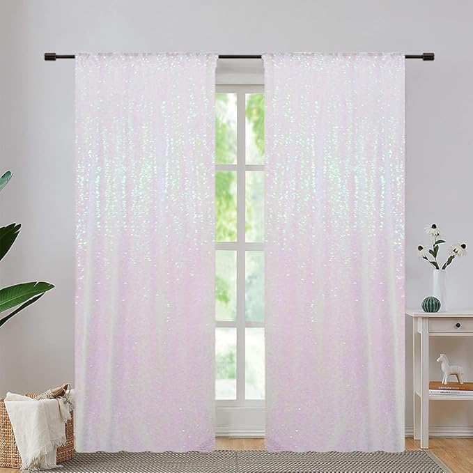 Eternal Beauty White Iridescence Sequin Backdrop Curtains, Shimmer Back Drop 4Panels-2FTx8FT for Christmas, Party, Birthday, Photography, Wedding, Baby Shower Event Decoration