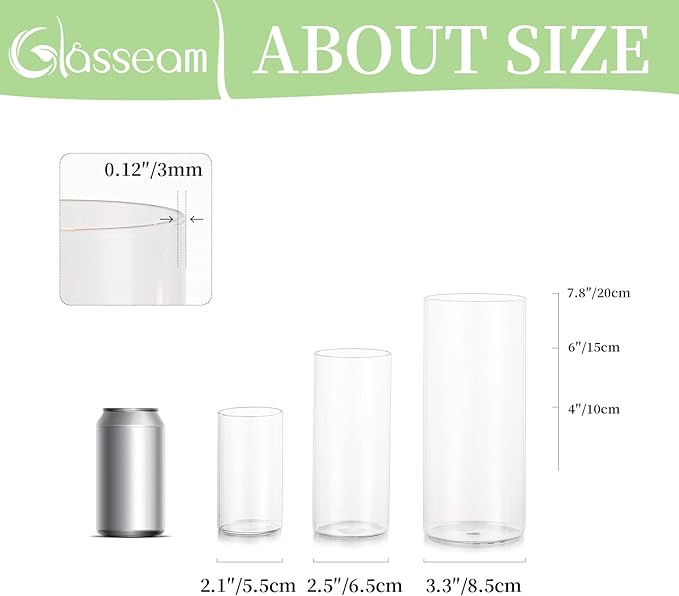 Glasseam Cylinder Vases Set of 12, Hurricane Candle Holder Clear Different Sizes, Modern Glass Cylinder Vase, Glass Vases for Centerpieces for Home Decor Wedding Centerpieces, Events, 4''+ 6''+7.8''