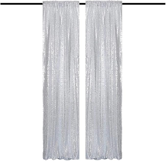 Silver Sequin Backdrop Curtains 2FTx8FT 2 Panels Sparkle Backdrop Curtain Drapes Glitter Backdrop Photo Background for Wedding Baby Shower Xmas Birthday Parties