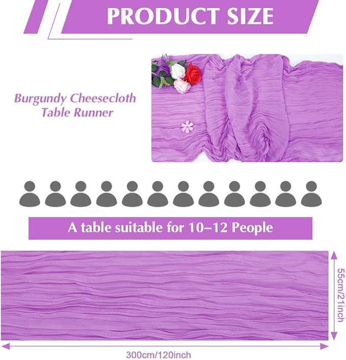 10 Pack Light Purple Cheesecloth Table Runner -21*120Inch Long Boho Wedding Table Decor, Rustic Gauze Fabric Runner for Bridal Showers, Baby Showers & Parties (Sheer, Lightweight, Wrinkled Design)