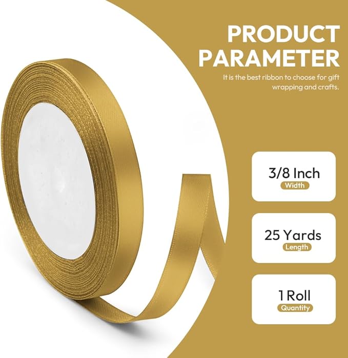 3/8" x 25 Yards Satin Ribbon, Dark Gold Silk Ribbon Ideal for Gift Wrapping, Floral Bouquets, Crafts, Wedding Party Decorations, Christmas and Sewing Projects