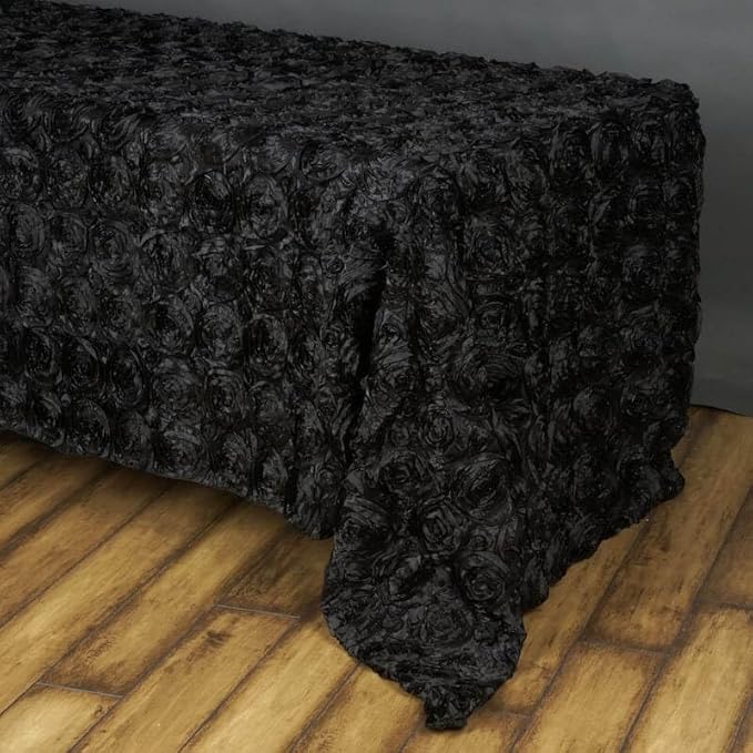 Efavormart 90"x156" Wholesale Rectangle Table Cover Black Grandiose Rosette 3D Satin Tablecloth for Wedding Party Event Decoration