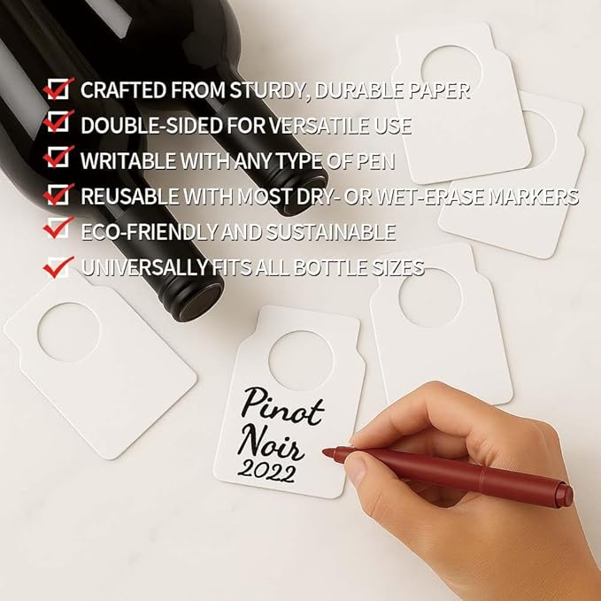 100PCS Wine Bottle Tags –Paper Hanging Cellar Labels for Bottle Neck, Double-Sided Writable Gift Tags for Wine Racks, Champagne & Homebrew Organization (White)