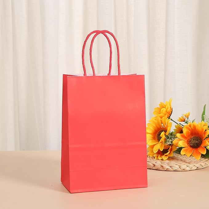Piqiya Small Plain Kraft Paper Gift Bags with Handles - Red, 24pcs for Birthday, Wedding, Grocery, Retail, Business, Goody, Craft Bags