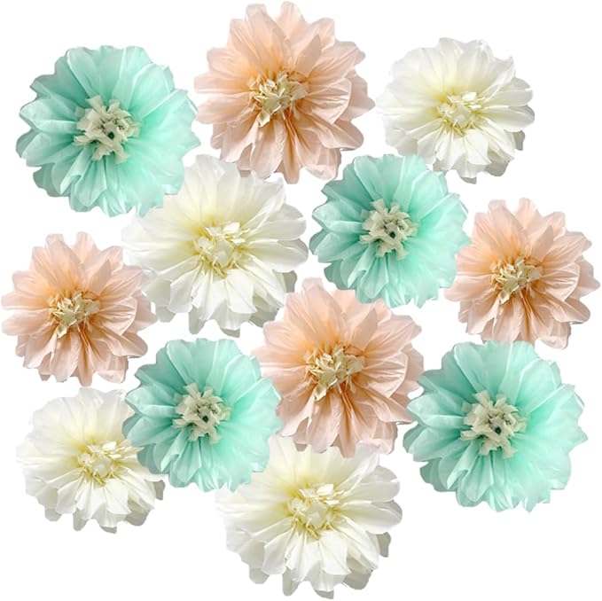 12pcs 10in/12in Tissue Flowers Pom Kit - Mint & Cream Peach - DIY Art Blooms - Wedding/Baby Shower Decorations