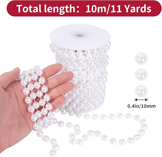 Faux Pearl Beads Garland - 10mm Christmas Tree Beads, 11 Yards White Pearl Strands Spool for Wedding Party & Christmas Tree Decoration