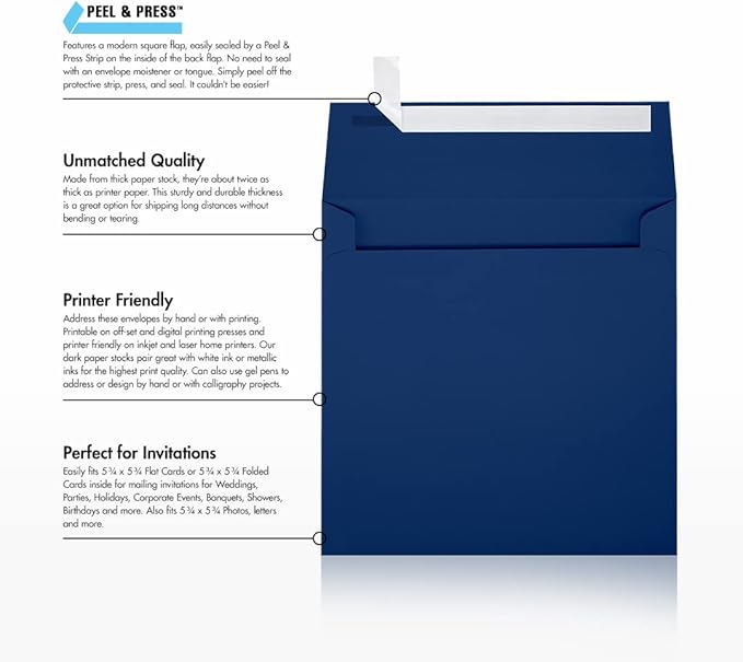 LUXPaper Square Invitation Envelopes | Peel & Press | 6" x 6" | Navy Blue | 80lb. Text | 50 Qty