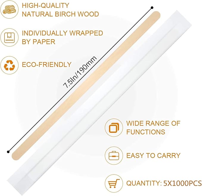 5×1000Pcs Disposable Wood Coffee Stir Sticks Stirrers Individually Paper Wrapped Coffee Tea Beverage Stirrers Stirrings 7.5 Inch,190mm
