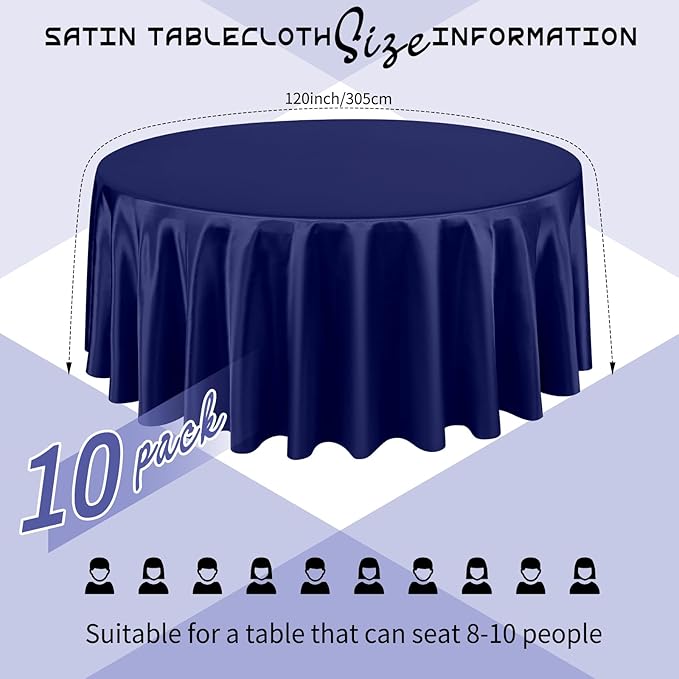 10 Packs Satin Tablecloth 120 Inch Navy Blue Round Table Cloth Silk Tablecloth Smooth Fabric Overlay Satin Table Cover Decoration for Wedding Party Banquet Events