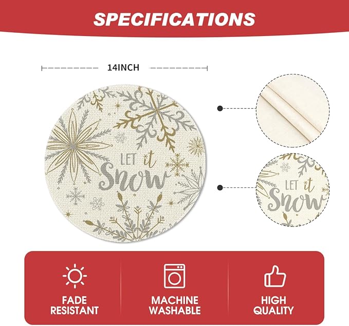 Artoid Mode Beige Snowflake Let It Snow Winter Placemats Set of 4, 15 Inch Seasonal Christmas Xmas Round Table Mats for Dining Decoration