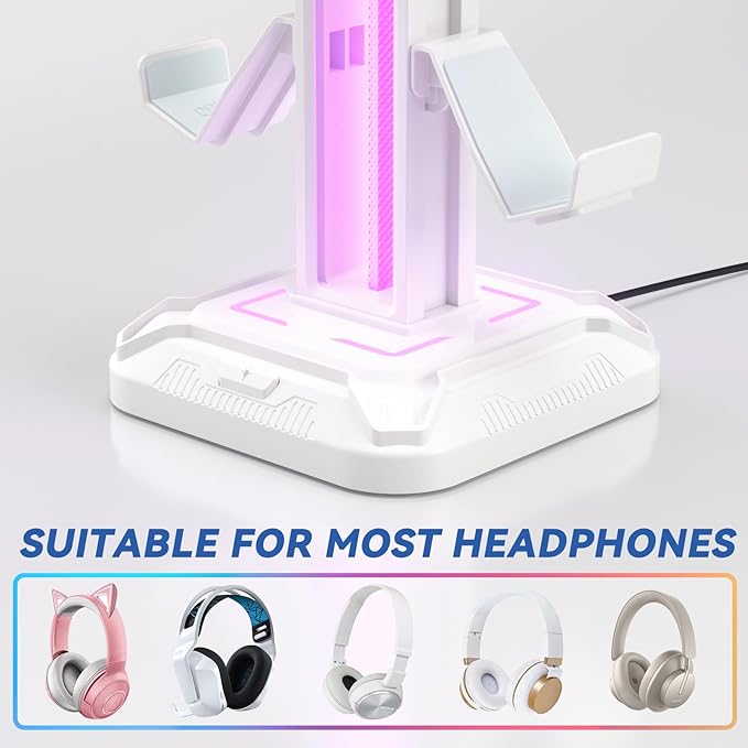 KDD RGB Headset Stand with 9 Light Modes - Controller Holder for Desk - Rotatable Headphone Stand & Detachable Controller Hook for PC Earphone Accessories(White)