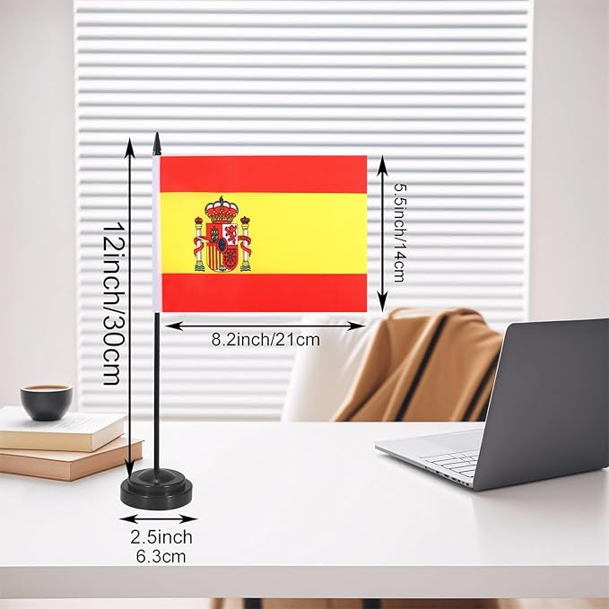 Spain Desk Flag 12" Solid Pole Deluxe Set Spanish Flags Banner Mini Small Spain Office Table Flags with Black Stand Base Desktop Decorations(2Pack)