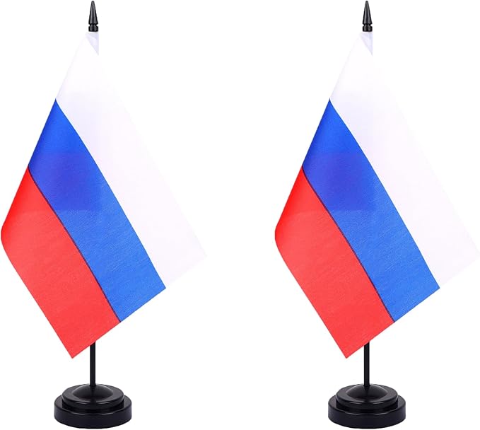Russia Desk Flag 12" Solid Pole Deluxe Set Russians Flags Banner Mini Small Russia Office Table Flags with Black Stand Base Desktop Decorations(2Pack)