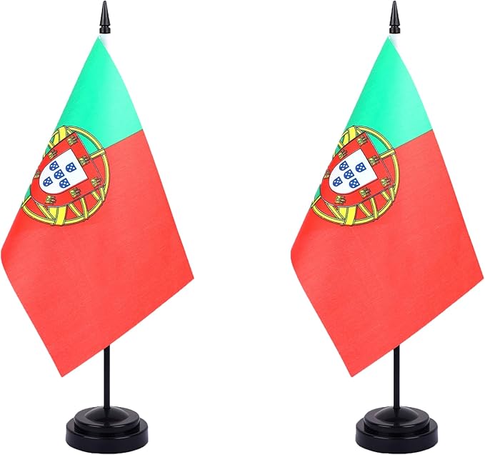 Portugal Desk Flag 12" Solid Pole Deluxe Set Portuguese Flags Banner Mini Small Portugal Office Table Flags with Black Stand Base Desktop Decorations(2Pack)