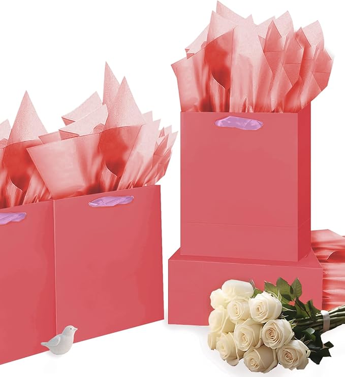 Gcardist Salmon Gift Bags with Tissue Paper for Wedding, Birthday, Party Supplies-7.9"x4.3"x9.6" Medium Size Cardboard Gift Bag（5pcs Bags +10pcs Tissue Paper ）