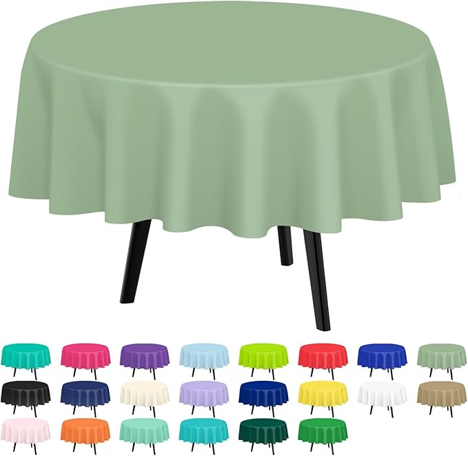 QIKSION Sage Green Round Tablecloth 12 Pack, 84 Inch Plastic Table Cover Disposable for Parties