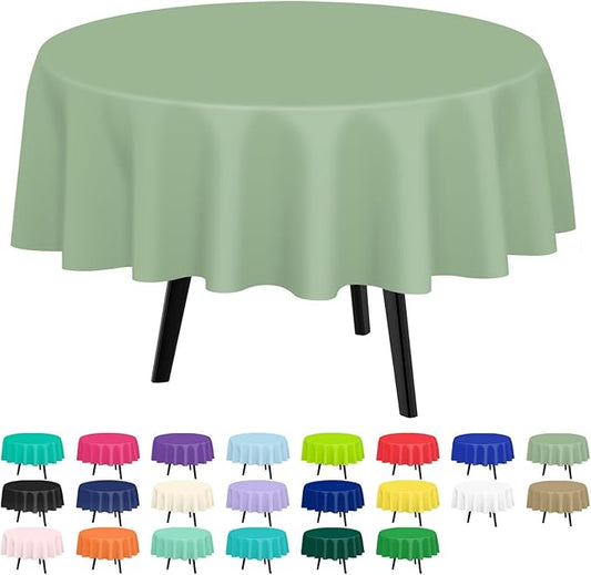 QIKSION Sage Green Round Tablecloth 6 Pack, 84 Inch Plastic Table Cover Disposable for Parties