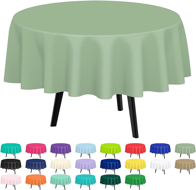 QIKSION Sage Green Round Tablecloth 3 Pack, 84 Inch Plastic Table Cover Disposable for Parties