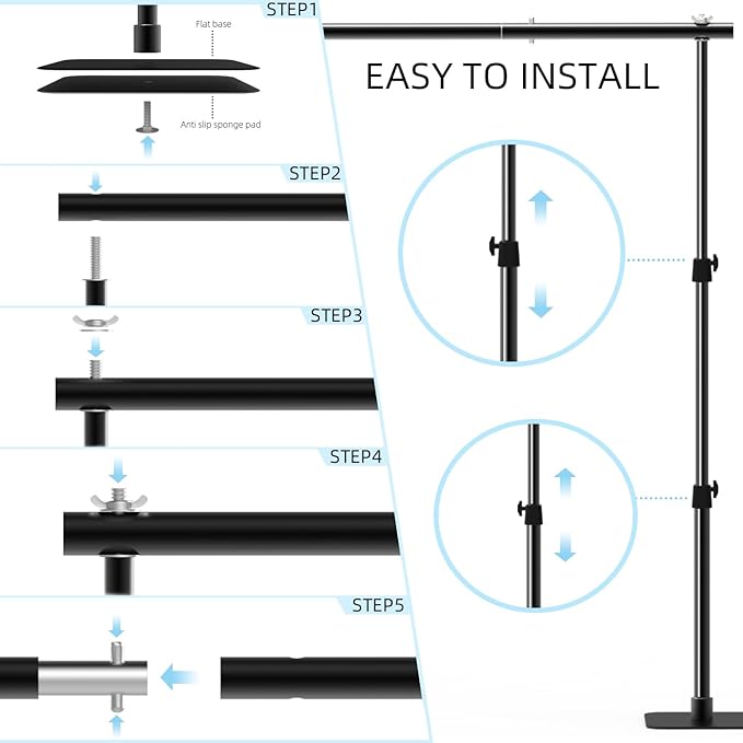Pipe and Drape Backdrop Stand Kit, 6.5ft x 10ft Adjustable Photo Background Stands with Metal Flat Base for Photography, Birthday Parties, Wedding, Video Studio