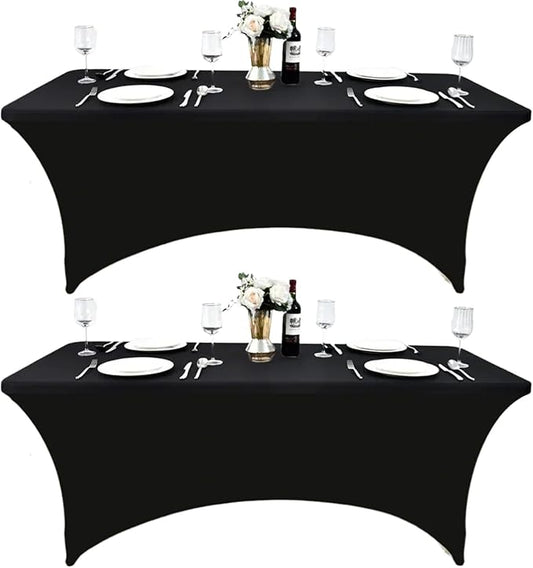 2-Pack 4ft Black Spandex Table Covers for Rectangular Folding Tables - Wrinkle Resistant Stretch Tight Table Cloths - Ultimate Fitted Table Protector for Parties, Banquet, and Wedding