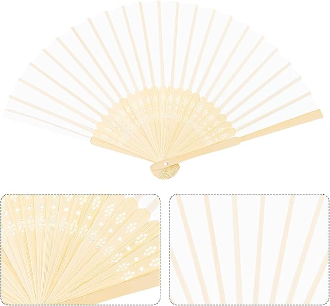URATOT 48 Pieces White Folding Fans Silk Bamboo Folding Fans Handheld Fan for Wedding, Party Decoration