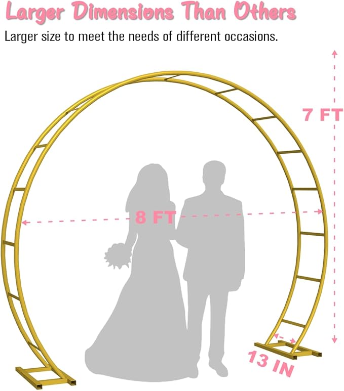 Queension Metal Arch Backdrop Stand 8Ft Wide 7Ft High, Wedding Arch Frame for Wedding Decorations, Balloon Arch Stand with Base for Ceremony, Outdoor Garden Arch Trellis for Climbing Plants, Gold